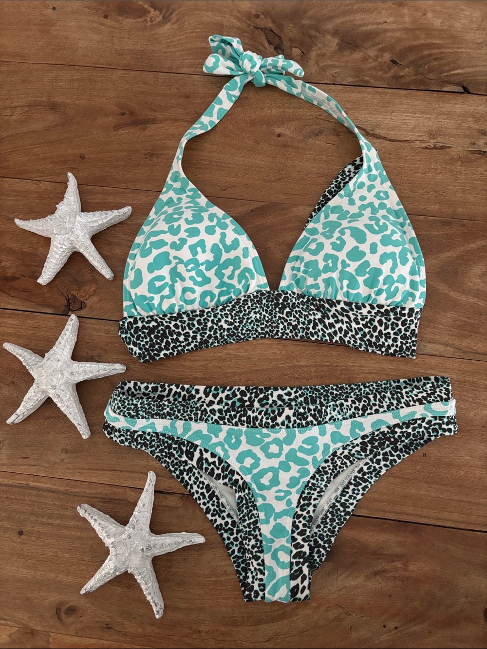OndadeMar Teal and Black Leopard Halter Bikini